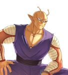  1boy antennae black_nails colored_skin commentary dragon_ball dragon_ball_super dragon_ball_super_super_hero english_commentary frown gigachad_(meme) highres jenxd_d male_focus meme muscular muscular_male orange_eyes orange_piccolo orange_skin piccolo pointy_ears signature sitting solo spread_legs 