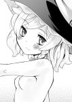  1girl absurdres bangs blush body_blush bow braid breasts closed_mouth commentary_request completely_nude from_side greyscale hair_bow hat hat_bow head_tilt highres kei_jiei kirisame_marisa looking_at_viewer looking_to_the_side medium_hair monochrome nipples nude petite single_braid small_breasts smile solo touhou upper_body witch_hat 