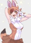  1girl a888_n22 animal_ears bare_shoulders blush bow bowtie brown_hair brown_shirt brown_skirt commentary_request cowboy_shot dhole_(kemono_friends) dog_ears dog_girl dog_tail fur_collar gloves highres kemono_friends light_brown_hair looking_at_viewer multicolored_hair open_mouth orange_eyes pleated_skirt shirt skirt sleeveless smile solo tail two-tone_hair two-tone_shirt v white_bow white_bowtie white_fur white_gloves white_shirt 