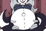  2023 anthro belly belly_focus big_belly black_body black_fur bottomwear bra breasts canid canid_demon clothing collar cracked_wall demon female fingerless_gloves fur gloves grey_body grey_fur grey_hair hair hands_on_belly handwear hellhound helluva_boss loona_(helluva_boss) mammal navel outie_navel pregnant pregnant_female shorts signature smile solo spiked_collar spikes torn_clothing underwear undyingwolf white_body white_fur 