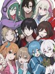  5boys 5girls ahute amamiya_hibiya apron aqua_scrunchie bangs black_eyes black_hair black_hoodie black_jacket black_shirt blonde_hair blue_dress blue_hair blue_jacket blue_shirt brown_eyes brown_hair casual chestnut_mouth closed_eyes closed_mouth collared_dress commentary dress ene_(kagerou_project) enpera eyes_visible_through_hair facial_mark facing_viewer finger_gun fingernails food food_request green_hair green_hoodie grey_eyes group_picture hair_between_eyes hair_ornament hair_ribbon hair_scrunchie hairband hairclip happy headphones highres holding holding_food hood hood_down hood_up hoodie jacket kagerou_project kano_shuuya kido_tsubomi kisaragi_momo kisaragi_shintarou konoha_(kagerou_project) kozakura_marry light_brown_hair long_bangs long_hair long_sleeves looking_at_viewer looking_to_the_side mekakucity_actors multicolored_clothes multicolored_jacket multiple_boys multiple_girls one_side_up open_clothes open_jacket open_mouth orange_hair pink_eyes pink_hairband pink_hoodie pink_ribbon print_hoodie purple_eyes purple_hoodie reaching_towards_viewer red_hoodie red_jacket red_scarf ribbon scarf scrunchie seto_kousuke shirt short_hair side_ponytail sleeveless sleeveless_hoodie smile staring sweat t-shirt tateyama_ayano teeth tongue tongue_out track_jacket tsurime twintails two-tone_hoodie two-tone_jacket unamused upper_body upper_teeth_only wavy_hair white_apron white_hair white_jacket white_shirt yellow_eyes zipper 