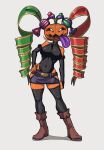  1girl belt boots breasts brown_footwear colored_skin colored_tongue commentary contrapposto covered_navel detached_sleeves full_body highres kiyoshi2431 large_breasts long_tongue miniskirt orange_skin original purple_tongue ribbon side_slit skirt solo thighhighs tongue tongue_out 