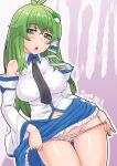  1girl ass_visible_through_thighs bangs blue_skirt blush breasts collared_shirt commentary_request contrapposto cowboy_shot dated detached_sleeves frilled_skirt frills frog_hair_ornament green_eyes green_hair groin hair_between_eyes hair_ornament impossible_clothes impossible_shirt kei_jiei kochiya_sanae large_breasts long_hair looking_at_viewer navel open_mouth outline panties panty_pull pink_panties purple_background shiny_skin shirt single_hair_tube skirt sleeveless sleeveless_shirt snake_hair_ornament solo touhou underwear white_background white_outline white_shirt white_sleeves 
