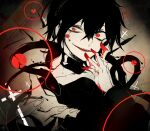  1boy ambiguous_red_liquid arrow_(symbol) bags_under_eyes bangs black_hair black_jacket bright_pupils circle commentary cross dark_konoha evil_smile facial_mark fingernails glowing glowing_eyes grey_background hair_between_eyes headphones jacket kagerou_project konoha_(kagerou_project) latin_cross limited_palette looking_at_viewer male_focus multicolored_clothes multicolored_jacket parted_lips reaching_towards_viewer red_eyes short_hair shunnyun sketch smile snake solo teeth two-tone_jacket upper_body upper_teeth_only vignetting white_pupils wide-eyed 