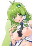  1girl antenna_hair bangs black_necktie blush breasts breasts_out breath collared_shirt commentary_request dated detached_sleeves frog_hair_ornament green_background green_eyes green_hair hair_between_eyes hair_ornament kei_jiei kochiya_sanae large_breasts long_hair looking_at_viewer navel necktie nipples no_bra open_mouth saliva shirt sidelocks single_hair_tube sleeveless sleeveless_shirt smile snake_hair_ornament solo touhou upper_body white_background white_shirt white_sleeves 