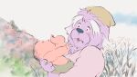  2018 anthro baby blue_nose blush canid canine canis clothed clothing colored domestic_dog duo eyes_closed facial_hair fur holding_baby human male mammal mature_anthro mature_male morenatsu mustache outside purple_body purple_fur shigure_tachibana shirako slightly_chubby slightly_chubby_male topless topless_anthro topless_male young 