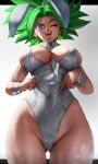  1girl ;d absurdres animal_ears ass_visible_through_thighs between_breasts blue_eyes breasts cameltoe chinese_zodiac covered_navel cowboy_shot detached_collar dragon_ball dragon_ball_super earrings elite_nappa fake_animal_ears green_hair highleg highleg_leotard highres jewelry kefla_(dragon_ball) large_breasts leotard looking_at_viewer necktie necktie_between_breasts one_eye_closed open_mouth playboy_bunny potara_earrings rabbit_ears shiny_clothes shiny_skin smile solo spiked_hair standing tongue tongue_out white_leotard white_necktie wrist_cuffs year_of_the_rabbit 