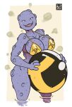  anthro ball beach_ball bedroom_eyes bikini bikini_top biohazard_symbol breasts clothing fangs female freckles_(artist) generation_1_pokemon half-closed_eyes inflatable koffing narrowed_eyes nintendo open_mouth open_smile partially_submerged pokeball pokemon pokemon_(species) seductive simple_background smile solo standing_in_water swimwear symbol teeth thick_thighs ultra_ball wide_hips 