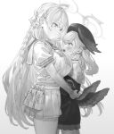  2girls ahoge bangs blue_archive blush bow braid breasts closed_mouth eye_contact feathered_wings greyscale hair_between_eyes hair_bow halo hanako_(blue_archive) hat head_wings height_difference highres hug huge_breasts koharu_(blue_archive) long_hair looking_at_another mini_wings monochrome multiple_girls open_mouth pleated_skirt sailor_collar school_uniform serafuku short_sleeves simple_background single_braid skirt sweat tori_udon very_long_hair wings yuri 