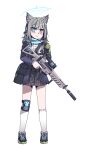  1girl absurdres animal_ear_fluff animal_ears assault_rifle bangs blue_archive blue_eyes blue_jacket blue_scarf blush bulletproof_vest closed_mouth commentary_request cross_hair_ornament extra_ears full_body grey_hair gun hair_ornament headset highres holding holding_gun holding_weapon jacket karepack knee_pads kneehighs long_sleeves looking_at_viewer magazine_(weapon) medium_hair mismatched_pupils no_halo plaid plaid_skirt plate_carrier pleated_skirt revision rifle scarf school_uniform shiroko_(blue_archive) shoes sig_sauer sig_sauer_556 single_knee_pad skirt smile socks solo standing striped striped_scarf transparent_background weapon white_socks wolf_ears 