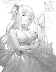  3girls animal_ear_fluff animal_ears bangs bare_shoulders blue_archive blush breasts closed_eyes commentary_request cup dress ear_ornament face_to_breasts flower greyscale hair_bun hair_flower hair_ornament halo highres holding holding_cup hug large_breasts long_hair low_wings mika_(blue_archive) monochrome multiple_girls nagisa_(blue_archive) parted_lips seia_(blue_archive) simple_background single_side_bun sleeveless sleeveless_dress tori_udon translation_request very_long_hair wing_ornament wings 