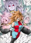  4girls android_21 arm_warmers bandeau black_nails black_sclera blue_eyes breasts brown_hair cleavage colored_sclera colored_skin commentary doughnut dragon_ball dragon_ball_fighterz dress ear_piercing earrings evil_grin evil_smile food frown glasses grey_hair grin hand_on_hip highres hoop_earrings jewelry large_breasts leggings majin_android_21 multiple_girls multiple_persona neck_ring piercing pink_hair pink_skin pointy_ears purple_hair purple_skin red_eyes ring short_dress smile tongue tongue_out youngjijii 
