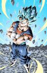  1boy blue_background blue_eyes blue_hair boots commentary_request crossed_arms dragon_ball dragon_ball_super earrings frown furrowed_brow gloves gradient_background highres jewelry male_focus muscular muscular_male potara_earrings rock serious solo super_saiyan super_saiyan_blue vegetto white_footwear white_gloves youngjijii 