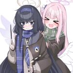  &gt;_&lt; 2girls angel_wings black_hair blue_archive book check_copyright coat copyright_request hairband halo harry_potter_(series) holding holding_book mika_(blue_archive) multiple_girls o_(rakkasei) open_mouth pink_hair purple_eyes scarf simple_background smile ui_(blue_archive) white_background wings 