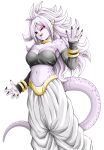  1girl alternate_color android_21 arm_warmers baggy_pants bandeau black_nails black_sclera bracelet breasts cleavage colored_sclera colored_skin commentary dragon_ball dragon_ball_fighterz ear_piercing earrings fingernails highres hoop_earrings jewelry large_breasts long_hair majin_android_21 midriff navel neck_ring open_mouth pants piercing pink_hair pink_skin pointy_ears red_eyes ring sharp_fingernails smile solo tail tongue tongue_out youngjijii 