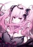  1girl breasts cleavage hair_ribbon highres holding holding_hair hololive hololive_english large_breasts long_hair looking_at_viewer mori_calliope parted_lips pink_hair purple_eyes ribbon simple_background solo twintails upper_body virtual_youtuber white_background yaguo 