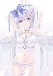  +_+ 1girl angel angel_wings armpits arms_up bandaid bandaid_on_arm bandaid_on_leg bandaid_on_thigh bangs bare_arms bare_shoulders belt blue_bow blue_eyes blue_ribbon blush bound bound_wrists bow breasts chest_harness commentary_request cowboy_shot crop_top cross feathered_wings frilled_panties frills frown gradient_background grey_hair hair_bow hair_ornament harness highres long_hair looking_at_viewer murur_(matsumikoru) navel o-ring original panties ribbon ribbon_bondage shirt sidelocks signature sleeveless small_breasts solo stomach straight_hair symbol_in_eye thigh_gap thighs twintails twitter_username underwear very_long_hair white_background white_belt white_panties white_shirt white_wings wings 