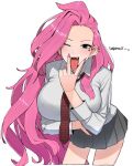  1girl bangs earrings gyaru highres jewelry league_of_legends long_hair looking_at_viewer necktie ohasi open_mouth pink_hair pleated_skirt school_uniform seraphine_(league_of_legends) simple_background skirt solo tongue tongue_out white_background 