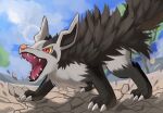  claws cloud colored_sclera commentary_request day highres jira_(ziraiya26) mightyena no_humans open_mouth outdoors pokemon pokemon_(creature) red_eyes rock sky solo tongue yellow_sclera 
