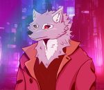  absurd_res anthro canid canine canis clothed clothing cyberpunk fur grey_body grey_fur hi_res male mammal neon orange_eyes sirdoge solo white_body white_fur wolf 