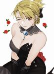  1girl alternate_costume bangs bare_shoulders black_dress black_gloves blonde_hair breasts brown_eyes cleavage detached_collar dress elbow_gloves flower fullmetal_alchemist gem gloves hair_between_eyes hair_up highres large_breasts looking_at_viewer one_eye_closed ozaki_(tsukiko3) red_flower red_rose riza_hawkeye rose smile solo strapless strapless_dress upper_body v_arms white_background 