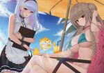  2girls absurdres adjusting_hair apron azur_lane beach_umbrella bikini black_skirt blue_bikini blue_hair blue_sky braid braided_bun breasts center_frills choker cloud cloudy_sky collar criss-cross_halter day dido_(azur_lane) double_bun earrings feather_boa flying_sweatdrops formidable_(azur_lane) formidable_(the_lady_of_the_beach)_(azur_lane) frills from_below hair_bun halterneck highres jewelry large_breasts light_blue_hair long_hair looking_at_viewer manjuu_(azur_lane) metal_collar multi-strapped_bikini multiple_girls official_alternate_costume outdoors pink_choker pulled_by_self purple_eyes single_thighhigh skirt sky sleeveless sp123 summer swimsuit thighhighs thighhighs_pull umbrella very_long_hair white_apron 