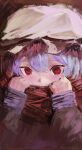  1girl absurdres hair_between_eyes hat highres holding holding_clothes holding_scarf looking_at_viewer mob_cap nepperoni portrait purple_hair red_eyes remilia_scarlet scarf scarf_over_mouth touhou 