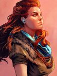  1girl aloy_(horizon) bead_necklace beads blue_scarf braid breasts brown_shirt closed_mouth facing_to_the_side hair_beads hair_ornament hair_pulled_back horizon_zero_dawn jewelry long_hair looking_to_the_side medium_breasts necklace realistic red_hair scarf shirt short_sleeves solo tholia_bentz upper_body 