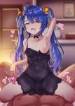  1boy 1girl absurdres ahoge amamiya_kokoro arm_behind_head armpits bangs bar_censor bell black_panties blue_hair blush breasts censored condom condom_packet_strip condom_wrapper eromegane3103 hair_bell hair_ornament heart hetero highres long_hair looking_at_viewer navel nijisanji nipples one_breast_out panties see-through sex sitting sitting_on_person small_breasts smile tongue tongue_out twintails underwear virtual_youtuber yellow_eyes 