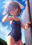  1girl animal_ears blue_one-piece_swimsuit blue_sky breasts brown_hair highres hijikawa_arashi inaba_tewi looking_at_viewer one-piece_swimsuit outdoors rabbit_ears rabbit_girl red_eyes school_swimsuit short_hair showering sky small_breasts solo swimsuit touhou water wet 