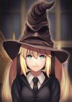  1girl artoria_caster_(fate) artoria_pendragon_(fate) bangs black_necktie black_ribbon blazer blonde_hair breasts candle closed_mouth collar commentary_request fate/grand_order fate_(series) green_eyes hair_between_eyes hair_ribbon harry_potter_(series) hat highres hisato_nago hogwarts_school_uniform indoors jacket long_sleeves looking_up medium_breasts necktie nervous ornament ribbon school_uniform solo sorting_hat twintails window witch_hat 