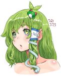  1girl antenna_hair bangs blush body_blush commentary_request dated frog_hair_ornament green_eyes green_hair hair_between_eyes hair_ornament kei_jiei kochiya_sanae long_hair looking_afar open_mouth portrait sidelocks simple_background single_hair_tube snake_hair_ornament solo touhou white_background 