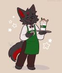  2023 anthro apron barefoot bow_tie canid canine clothed clothing dessert eyewear feet fleurfurr food glasses hi_res ice_cream male mammal plate simple_background solo standing 