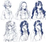  6+girls bow cardigan closed_eye collarbon endou_okito eyewear_removed frown glasses hair_ribo hairband highres jacket jewelry long_hair monochrome multiple_girls necklace pointy_earss school_unifrm shirt short_hair tareme thick_eyebrows tsurime twintails upper_body wavy_hair 