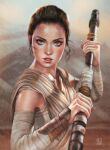  1girl black_hair blush green_eyes holding holding_polearm holding_weapon looking_at_viewer outdoors polearm rey_(star_wars) robe serafleur star_wars upper_body weapon 