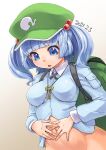  1girl backpack bag bangs blue_eyes blue_hair blue_shirt blush bottomless breasts cabbie_hat collared_shirt commentary_request dated green_bag green_headwear hair_bobbles hair_ornament hands_on_own_stomach hat impossible_clothes impossible_shirt jewelry kawashiro_nitori kei_jiei key_necklace long_sleeves looking_down medium_breasts medium_hair navel necklace open_mouth pocket shirt solo touhou two_side_up upper_body 