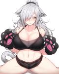 1girl absurdres animal_ears animal_hands arknights bare_shoulders black_shorts blush breasts cat_ears cat_tail cleavage commentary_request crop_top gloves grey_hair hair_over_one_eye highres large_breasts long_hair looking_at_viewer micro_shorts midriff navel nose_blush paw_gloves rikuguma schwarz_(arknights) shorts simple_background sitting solo stomach tail thighs very_long_hair white_background yellow_eyes 