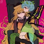  2girls antennae aqua_hair barefoot black_headwear blonde_hair butterfly_wings chair closed_mouth dated dress eternity_larva fairy green_dress hat leaf leaf_on_head long_hair maaru_(akira428) matara_okina multiple_girls one-hour_drawing_challenge orange_sleeves red_background short_hair short_sleeves signature simple_background sitting tabard touhou wide_sleeves wings yellow_eyes 