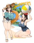  1girl ball beachball blue_one-piece_swimsuit breasts brown_eyes brown_hair cleavage commentary english_commentary eyewear_on_headwear glasses goggles goggles_around_neck hat highres holding holding_ball holding_beachball holding_innertube huge_breasts innertube off-shoulder_shirt off_shoulder olverse one-piece_swimsuit orange_innertube original palm_tree poch4n sandals scrunchie seiza shirt short_shorts shorts signature sitting sun_hat sunglasses swimsuit timid_office_lady_(poch4n) tree unbuttoned_shorts wrist_scrunchie 