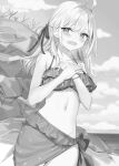  1girl absurdres ahoge alisa_mikhailovna_kujou bangs beach bikini blush bracelet cloud cloudy_sky collarbone commentary_request crossed_bangs day embarrassed frilled_bikini frills greyscale hair_ornament hair_over_shoulder hair_ribbon half-closed_eyes hands_on_own_chest head_tilt highres jewelry legs_together long_hair looking_at_viewer momoko_(momopoco) monochrome navel ocean open_mouth outdoors own_hands_together parted_bangs polka_dot polka_dot_bikini ribbon rock side-tie_bikini_bottom sidelocks sky solo swimsuit tearing_up tears tokidoki_bosotto_roshia-go_de_dereru_tonari_no_arya-san water 