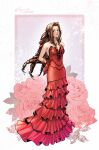 1girl aerith_gainsborough armlet bangs bare_shoulders breasts cleavage dated dress elena_ivlyushkina final_fantasy final_fantasy_vii final_fantasy_vii_remake flamenco_dress floral_background flower full_body hair_flower hair_ornament hair_ribbon highres long_dress long_hair looking_at_viewer medium_breasts official_alternate_costume parted_bangs parted_lips ponytail red_dress red_flower red_ribbon red_rope ribbon ringlets rope sidelocks sleeveless sleeveless_dress solo strapless strapless_dress twitter_username 