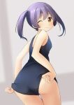 1girl adjusting_clothes adjusting_swimsuit ass black_one-piece_swimsuit brown_eyes commentary_request cowboy_shot from_behind highres long_hair looking_at_viewer looking_back one-piece_swimsuit one_eye_closed original purple_hair school_swimsuit shibacha solo swimsuit 