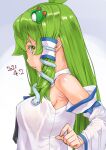  1girl armpits bangs blue_bow bow breasts collared_shirt commentary_request dated detached_sleeves fingernails frog_hair_ornament from_side green_eyes green_hair hair_between_eyes hair_ornament kei_jiei kochiya_sanae large_breasts long_hair looking_at_viewer looking_to_the_side open_mouth profile shiny_skin shirt sidelocks single_hair_tube sleeve_bow sleeveless sleeveless_shirt snake_hair_ornament solo touhou upper_body white_shirt white_sleeves wide_sleeves 