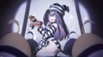  1girl @_@ absurdres animal_hat azur_lane bangs bars bird black_hair burger chain chained cuffs drooling food french_fries full_body hat highres holding holding_tray hungry jeze long_hair manjuu_(azur_lane) no_panties off_shoulder official_alternate_costume pamiat_merkuria_(azur_lane) pamiat_merkuria_(caged_minx)_(azur_lane) pink_eyes prison prison_cell prison_clothes purple_eyes shackles shirt side_ponytail striped striped_shirt symbol-shaped_pupils tally thighhighs thighs torn_clothes tray white_thighhighs 