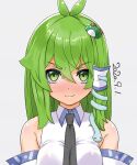  1girl antenna_hair bangs blush breasts closed_mouth collared_shirt commentary_request crossed_bangs dated detached_sleeves frog_hair_ornament green_eyes green_hair grey_background hair_between_eyes hair_ornament kei_jiei kochiya_sanae large_breasts long_hair looking_at_viewer shirt single_hair_tube sleeveless sleeveless_shirt smile snake_hair_ornament solo touhou upper_body v-shaped_eyebrows white_shirt white_sleeves 