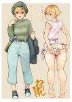  anus ass barefoot belt blonde_hair blush breasts brown_eyes commentary_request contrapposto green_sweater hat holding holding_clothes holding_jacket jacket large_breasts neone open_mouth original pants see-through_panties shoes short_hair signature sneakers spread_ass striped striped_pants sweater thong translation_request 