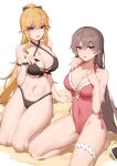  2girls absurdres alternate_hairstyle azur_lane beach bikini breasts casual_one-piece_swimsuit cellphone cleavage cosplay costume_switch criss-cross_halter hairstyle_switch halterneck highleg highleg_swimsuit highres jean_bart_(azur_lane) jean_bart_(azur_lane)_(cosplay) jean_bart_(private_apres_midi)_(azur_lane) kneeling large_breasts long_hair multiple_girls official_alternate_costume one-piece_swimsuit phone ponytail purple_eyes richelieu_(azur_lane) richelieu_(azur_lane)_(cosplay) richelieu_(fleuron_of_the_waves)_(azur_lane) smartphone swimsuit wsfw 