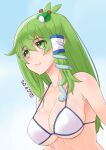  1girl alternate_costume anteater_ears bangs blue_background blush breasts cleavage closed_mouth commentary_request crossed_bangs dated frog_hair_ornament gradient_background green_eyes green_hair hair_between_eyes hair_ornament kei_jiei kochiya_sanae large_breasts long_hair looking_afar shiny_skin sidelocks single_hair_tube smile snake_hair_ornament solo touhou upper_body white_background 