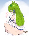  1girl antenna_hair ass bangs barefoot blush body_blush breasts commentary_request detached_sleeves frog_hair_ornament from_behind full_body green_eyes green_hair hair_ornament kei_jiei kochiya_sanae large_breasts long_hair looking_at_viewer looking_back masturbation nipples open_clothes open_shirt shirt single_hair_tube sitting sleeveless sleeveless_shirt snake_hair_ornament solo touhou translation_request white_background white_shirt white_sleeves 
