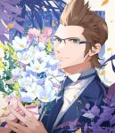  1boy artist_name blue_jacket blue_necktie bouquet brown_hair character_name collared_shirt falling_petals final_fantasy final_fantasy_xv formal glasses green_eyes hair_slicked_back happy_birthday hinoe_(dd_works) holding holding_bouquet ignis_scientia jacket looking_at_viewer male_focus necktie petals shirt short_hair sideburns smile solo suit_jacket upper_body white_shirt 